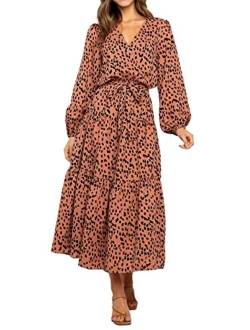 Womens Long Sleeve V Neck Leopard Print Ruffle Tiered Maxi Dress Tie Waist Boho Chiffon Flowy Long Dress