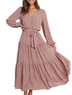 Womens Long Sleeve V Neck Leopard Print Ruffle Tiered Maxi Dress Tie Waist Boho Chiffon Flowy Long Dress