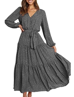 Womens Long Sleeve V Neck Leopard Print Ruffle Tiered Maxi Dress Tie Waist Boho Chiffon Flowy Long Dress