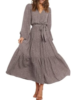 Womens Long Sleeve V Neck Leopard Print Ruffle Tiered Maxi Dress Tie Waist Boho Chiffon Flowy Long Dress