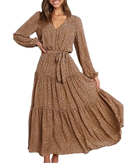 Womens Long Sleeve V Neck Leopard Print Ruffle Tiered Maxi Dress Tie Waist Boho Chiffon Flowy Long Dress