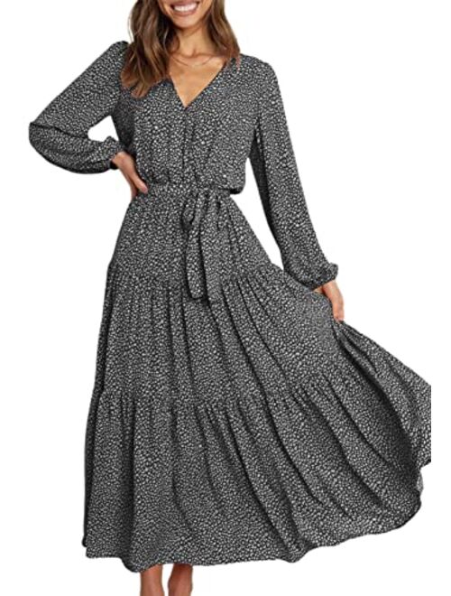 PRETTYGARDEN Women’s Long Sleeve V Neck Leopard Print Ruffle Tiered Maxi Dress Tie Waist Boho Chiffon Flowy Long Dress