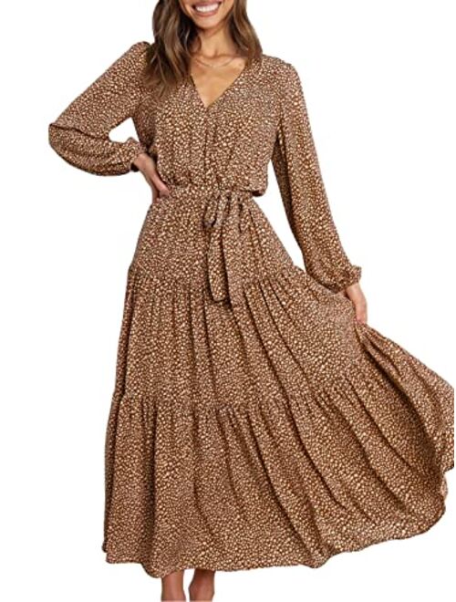 PRETTYGARDEN Women’s Long Sleeve V Neck Leopard Print Ruffle Tiered Maxi Dress Tie Waist Boho Chiffon Flowy Long Dress