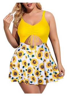 Yonique One Piece Swimsuits with Skirt for Plus Size Women V Neck Floral Printed Swimderss Cutout Bathing Suits