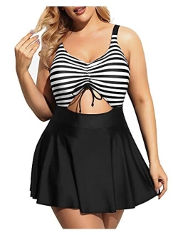 Yonique One Piece Swimsuits with Skirt for Plus Size Women V Neck Floral Printed Swimderss Cutout Bathing Suits