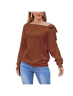 EXLURA Women's Boat Neck Sweater Off Shoulder Batwing Long Sleeve Tie Knot Asymmetrical Blouse Elegant Pullover Tops