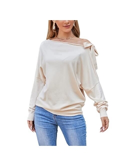 EXLURA Women's Boat Neck Sweater Off Shoulder Batwing Long Sleeve Tie Knot Asymmetrical Blouse Elegant Pullover Tops