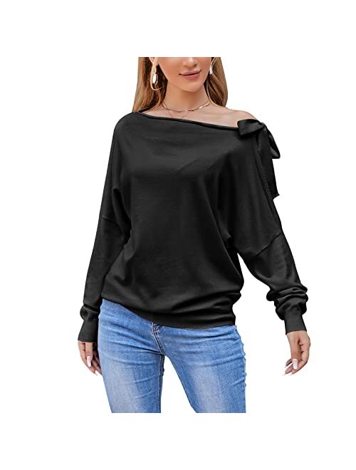 EXLURA Women's Boat Neck Sweater Off Shoulder Batwing Long Sleeve Tie Knot Asymmetrical Blouse Elegant Pullover Tops