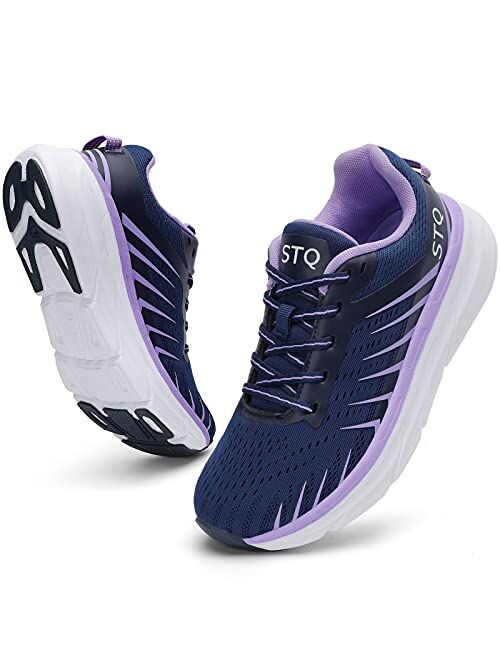 STQ Women's Cushioned Walking Shoes Lace-up Tennis Sneakers with Arch Support Lightweight Non Slip