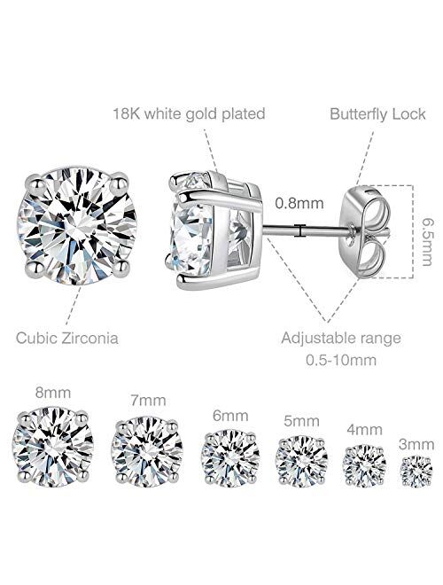 Mdfun 18K White Gold Plated 4 Pong Round Clear Cubic Zirconia Stud Earring Pack of 6 Pairs (6 Pairs)