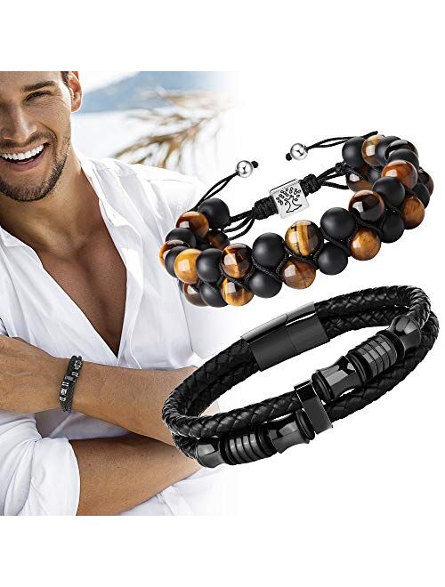 FIBO STEEL Beaded Bracelets Set Natural Stone Tiger Eye Mens Braided Leather Bracelet Bangle Rope