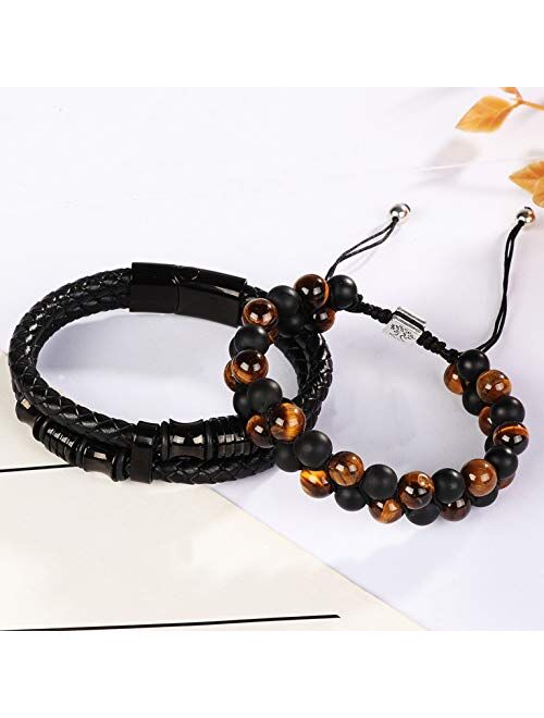 FIBO STEEL Beaded Bracelets Set Natural Stone Tiger Eye Mens Braided Leather Bracelet Bangle Rope