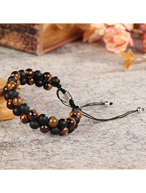 FIBO STEEL Beaded Bracelets Set Natural Stone Tiger Eye Mens Braided Leather Bracelet Bangle Rope