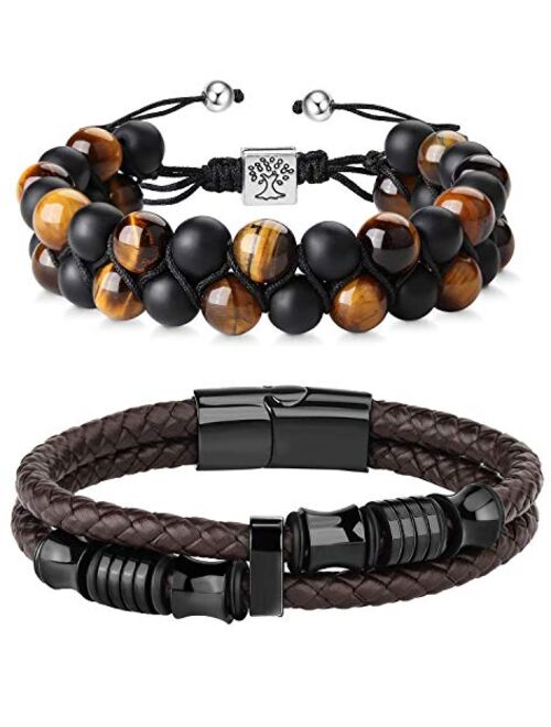 FIBO STEEL Beaded Bracelets Set Natural Stone Tiger Eye Mens Braided Leather Bracelet Bangle Rope