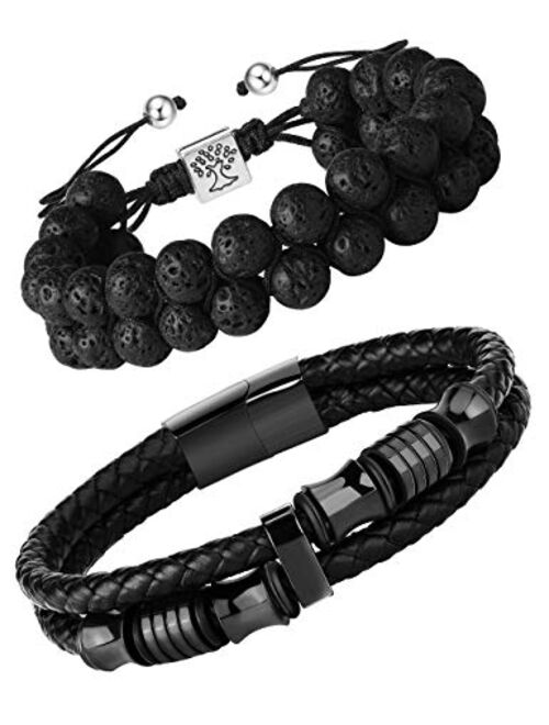 FIBO STEEL Beaded Bracelets Set Natural Stone Tiger Eye Mens Braided Leather Bracelet Bangle Rope