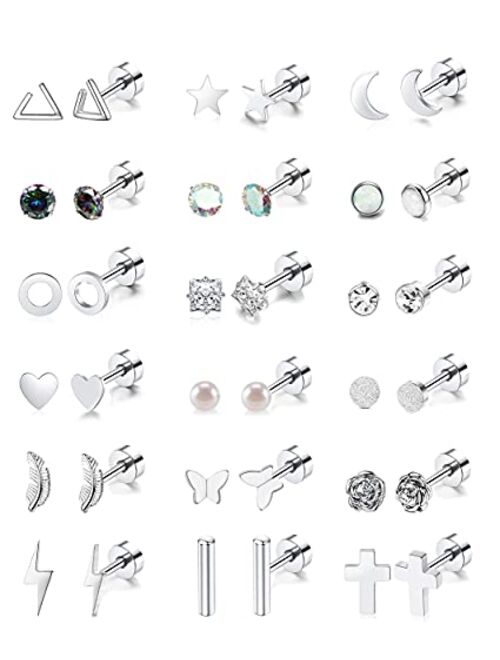 Staligue 18 Pairs Stainless Steel Stud Earrings Set for Women Men Star Moon flower Heart Leaf Opal 20G Cartilage Earrings Hypoallergenic Flatback Earrings Piercing Jewelr