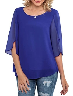 Neineiwu Womens Casual Scoop Neck Loose Top 3/4 Sleeve Chiffon Blouse Shirt Tops