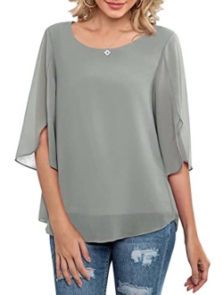 Neineiwu Womens Casual Scoop Neck Loose Top 3/4 Sleeve Chiffon Blouse Shirt Tops