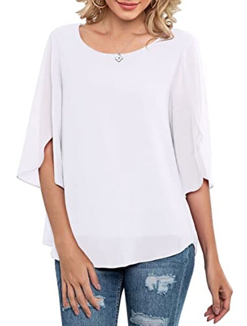 Neineiwu Womens Casual Scoop Neck Loose Top 3/4 Sleeve Chiffon Blouse Shirt Tops