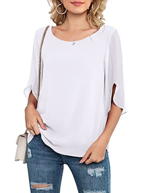 Neineiwu Womens Casual Scoop Neck Loose Top 3/4 Sleeve Chiffon Blouse Shirt Tops