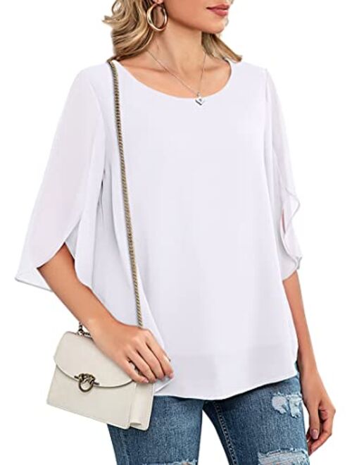 Neineiwu Womens Casual Scoop Neck Loose Top 3/4 Sleeve Chiffon Blouse Shirt Tops