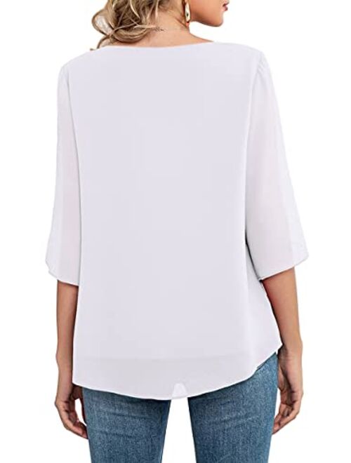 Neineiwu Womens Casual Scoop Neck Loose Top 3/4 Sleeve Chiffon Blouse Shirt Tops