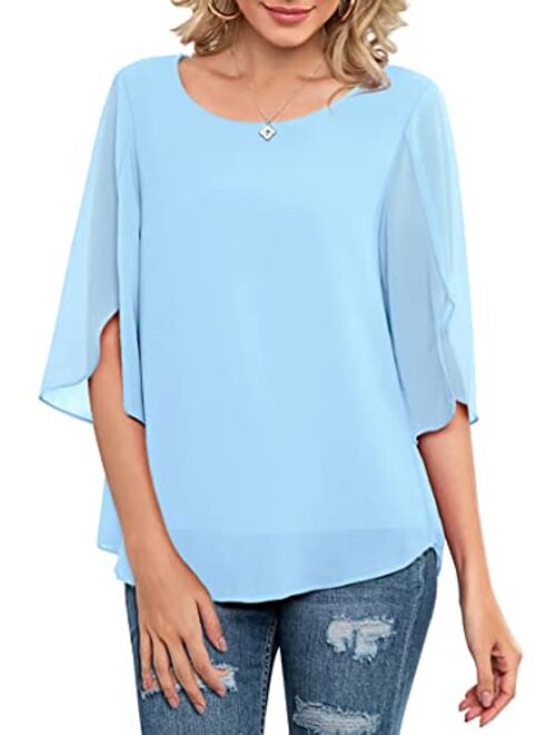 Neineiwu Womens Casual Scoop Neck Loose Top 3/4 Sleeve Chiffon Blouse Shirt Tops