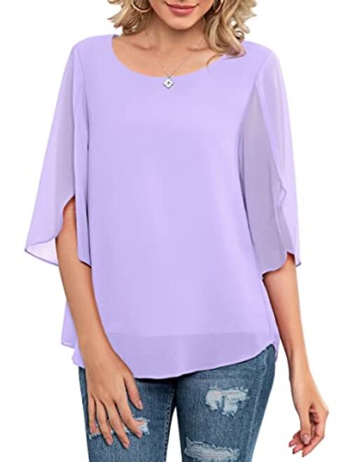 Neineiwu Womens Casual Scoop Neck Loose Top 3/4 Sleeve Chiffon Blouse Shirt Tops