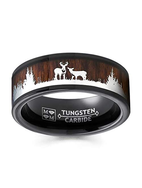 Metal Masters Co. Men's Black Tungsten Hunting Ring Wedding Band Wood Inlay Deer Stag Silhouette