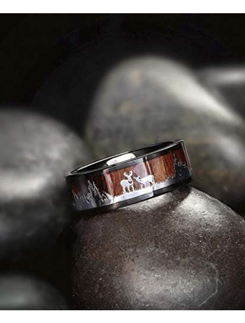 Metal Masters Co. Men's Black Tungsten Hunting Ring Wedding Band Wood Inlay Deer Stag Silhouette