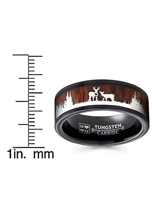 Metal Masters Co. Men's Black Tungsten Hunting Ring Wedding Band Wood Inlay Deer Stag Silhouette