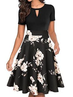 IHOT Women's Vintage Floral Flared A-Line Swing Casual Party Dresses with Pockets