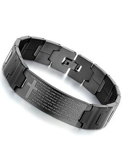 Flongo Men's Vintage Stainless Steel Black Cross English Bible Lords Prayer Link Wrist Bracelet for Men