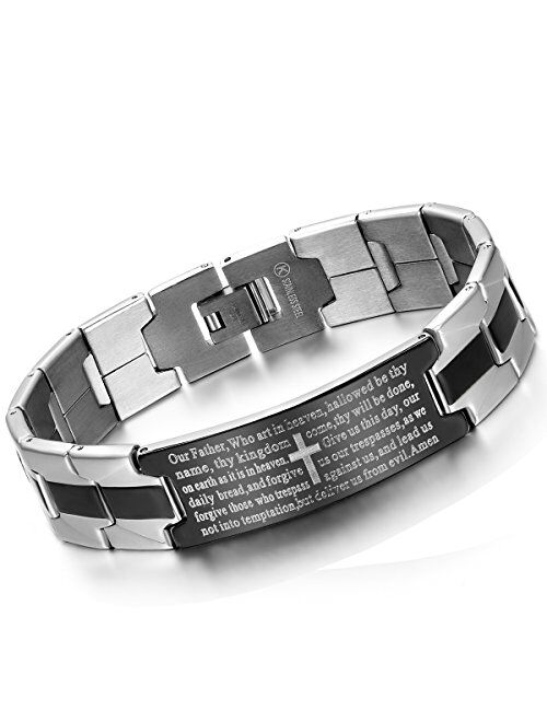 Flongo Men's Vintage Stainless Steel Black Cross English Bible Lords Prayer Link Wrist Bracelet for Men