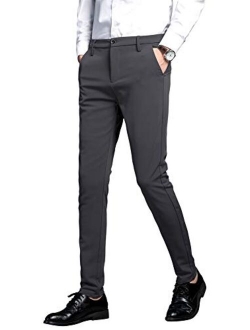 Plaid&Plain Men's Stretch Dress Pants Slim Fit Skinny Suit Pants