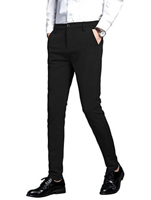 Plaid&Plain Men's Stretch Dress Pants Slim Fit Skinny Suit Pants