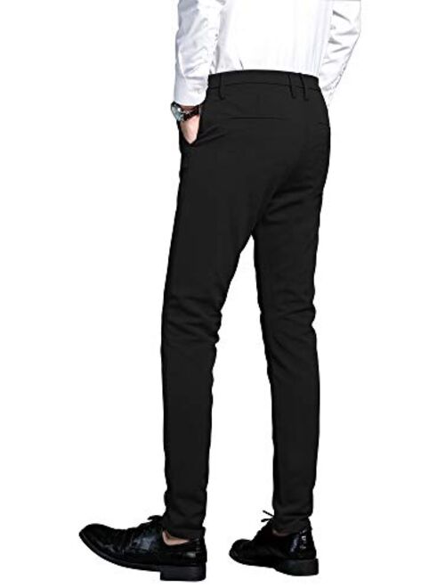 Plaid&Plain Men's Stretch Dress Pants Slim Fit Skinny Suit Pants