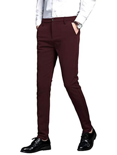 Plaid&Plain Men's Stretch Dress Pants Slim Fit Skinny Suit Pants