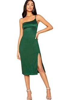 Women's Elegant One Shoulder Sleeveless Split Hem Satin Party Cocktail Midi Dress