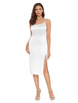 Women's Elegant One Shoulder Sleeveless Split Hem Satin Party Cocktail Midi Dress