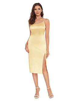 Women's Elegant One Shoulder Sleeveless Split Hem Satin Party Cocktail Midi Dress