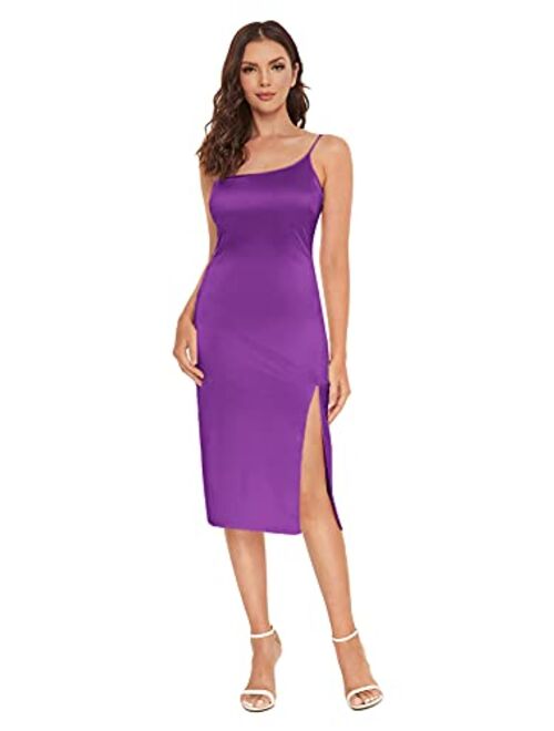 Romwe Women's Elegant One Shoulder Sleeveless Split Hem Satin Party Cocktail Midi Dress