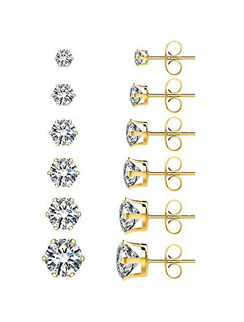 UHIBROS 6 Pairs Stainless Steel Stud Earrings Set Hypoallergenic Cubic Zirconia 18K White Gold 316L CZ Earrings