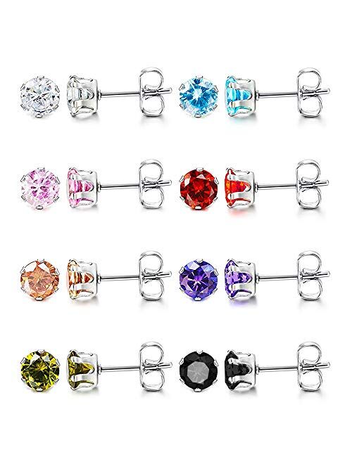 UHIBROS 6 Pairs Stainless Steel Stud Earrings Set Hypoallergenic Cubic Zirconia 18K White Gold 316L CZ Earrings