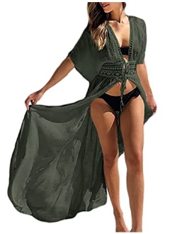 Bsubseach Women's Long Beach Kimono Cardigan Open Front Bikini Swimsuit Cover Ups with Drawstring