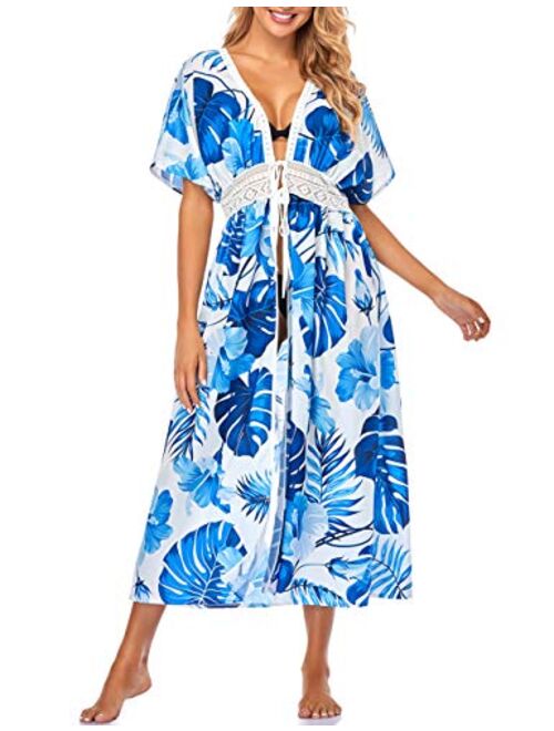 Bsubseach Women's Long Beach Kimono Cardigan Open Front Bikini Swimsuit Cover Ups with Drawstring