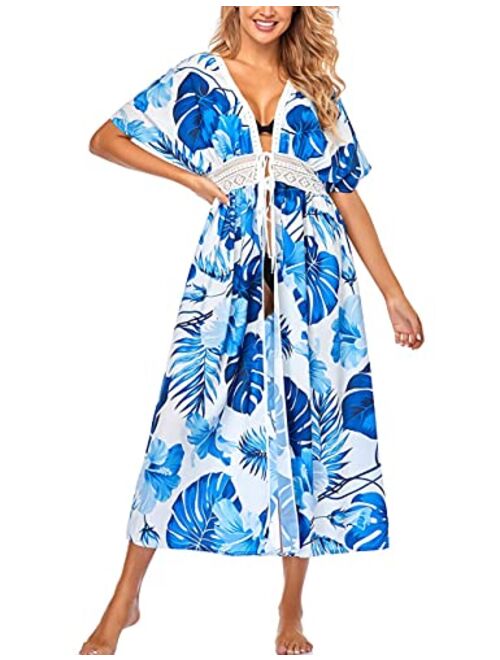 Bsubseach Women's Long Beach Kimono Cardigan Open Front Bikini Swimsuit Cover Ups with Drawstring