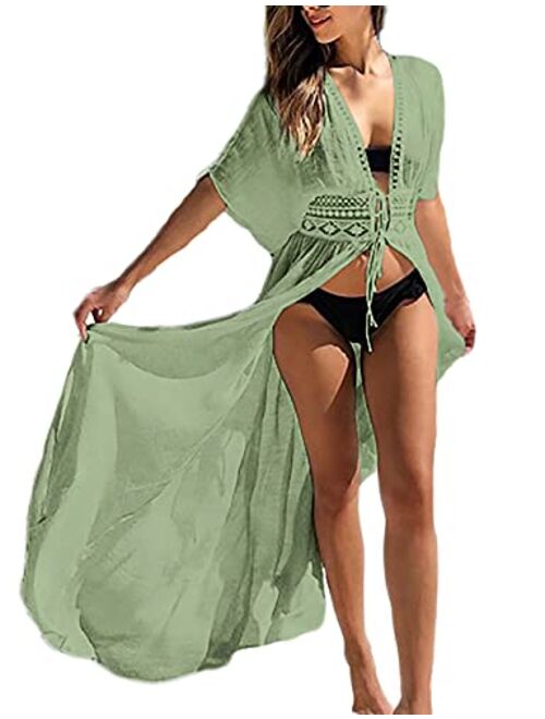 Bsubseach Women's Long Beach Kimono Cardigan Open Front Bikini Swimsuit Cover Ups with Drawstring