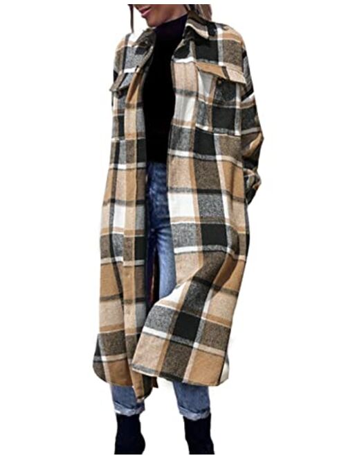 FindThy Women’s Mid Long Plaid Shacket Wool Blend Button Down Shirt Jacket Coat with Pockets