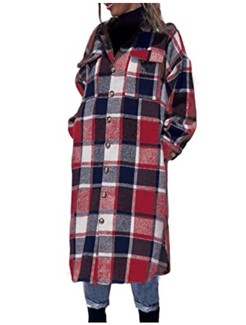 FindThy Women’s Mid Long Plaid Shacket Wool Blend Button Down Shirt Jacket Coat with Pockets